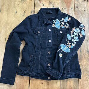 LOB‎ Jean Jacket Black Embroidered Floral  XS 3 Denim